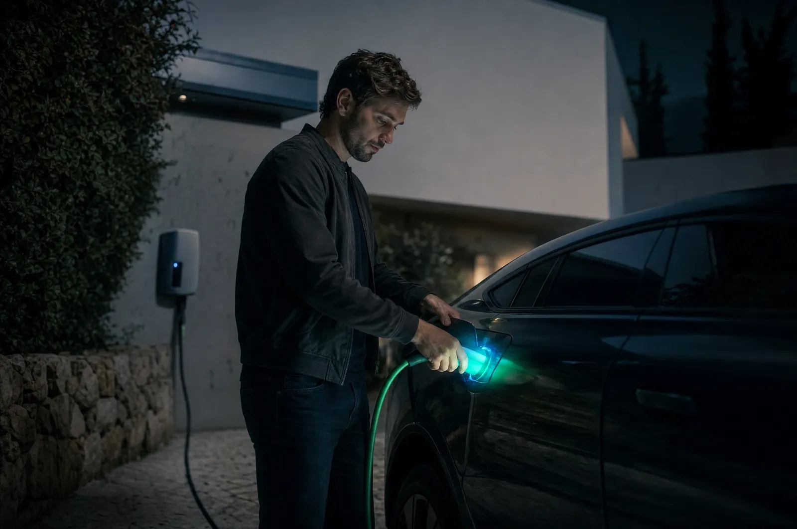 Carro elétrico a carregar à noite numa entrada de casa